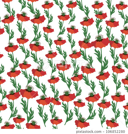 Summer seamless pattern with bright red poppy flowers and poppy pods. Field, meadow of poppies Summer seamless pattern with bright red poppy flowers and poppy pods. Field, meadow of poppies 106852280