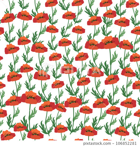 Summer seamless pattern with bright red poppy flowers and poppy pods. Field, meadow of poppies Summer seamless pattern with bright red poppy flowers and poppy pods. Field, meadow of poppies 106852281