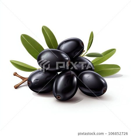 Black Olives with Fresh Leaves on White. Generative ai Black Olives with Fresh Leaves on White. Generative ai 106852726