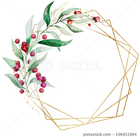 Christmas frame with watercolor twigs with green leaves and red berries. Holidays design Illustration Christmas frame with watercolor twigs with green leaves and red berries. Holidays design Illustration 106852864