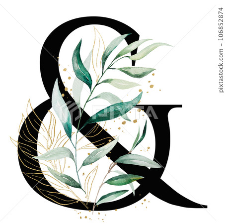 Black symbol Ampersand with green a watercolor leaves, isolated wedding illustration, Alphabet Element Black symbol Ampersand with green a watercolor leaves, isolated wedding illustration, Alphabet Element 106852874