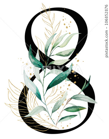 Black number 8 with green a watercolor leaves, isolated wedding illustration, Alphabet Element Black number 8 with green a watercolor leaves, isolated wedding illustration, Alphabet Element 106852876