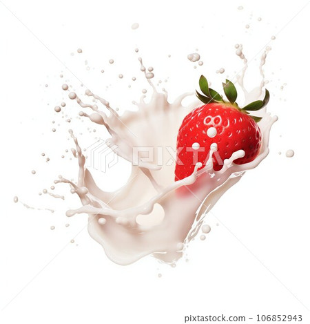 Strawberries with Milk Splash Isolated on White. Generative ai 106852943
