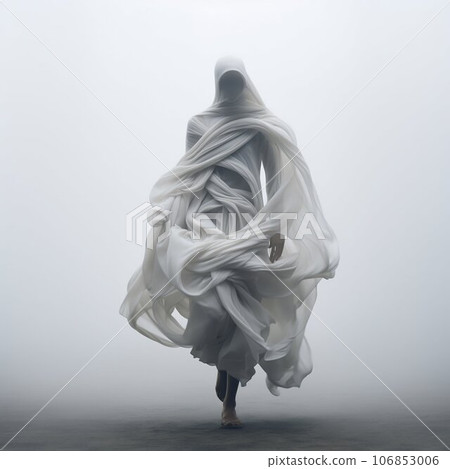 Ghostly Robotic Woman in White Dress on Foggy Day. Generative ai 106853006