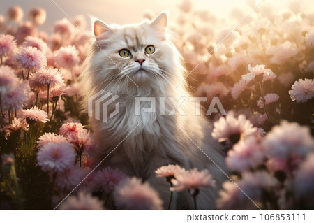 Image of persian cat in a beautiful field of flowers. Pet. Animals., Generative AI, Illustration. 106853111