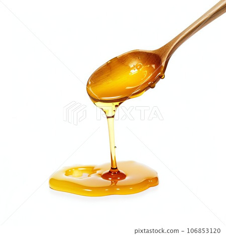 Dripping Honey from a Wooden Spoon Isolated on White Background. Generative ai 106853120