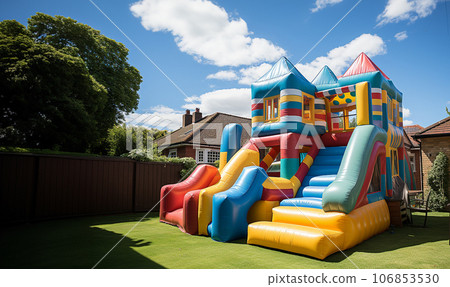 Big bouncy castle slide in garden, colorful Inflatable bouncy castle on sunny summer day with blue sky. Bouncy house for kids to jump on outdoors Big bouncy castle slide in garden, colorful Inflatable bouncy castle on sunny summer day with blue sky. Bouncy house for kids to jump on outdoors 106853530