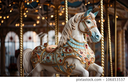 Carousel with colorful horses at amusement park, Merry go round with horse, Vintage ride attraction for children. Traditional horse in carousel on fair. Colorful sparkling lights 106853537