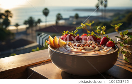 Smoothie bowl with tropical ocean view on summer Holiday.Smoothie bowl with colorful tropical fruits on wooden serving tray, top view from above. Summer healthy diet, vegan breakfast. Bali vegan food Smoothie bowl with tropical ocean view on summer Holiday.Smoothie bowl with colorful tropical fruits on wooden serving tray, top view from above. Summer healthy diet, vegan breakfast. Bali vegan food 106853725