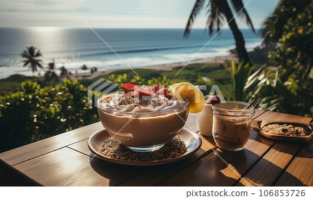 Smoothie bowl with tropical ocean view on summer Holiday.Smoothie bowl with colorful tropical fruits on wooden serving tray, top view from above. Summer healthy diet, vegan breakfast. Bali vegan food Smoothie bowl with tropical ocean view on summer Holiday.Smoothie bowl with colorful tropical fruits on wooden serving tray, top view from above. Summer healthy diet, vegan breakfast. Bali vegan food 106853726