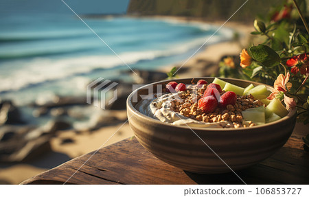 Smoothie bowl with tropical ocean view on summer Holiday.Smoothie bowl with colorful tropical fruits on wooden serving tray, top view from above. Summer healthy diet, vegan breakfast. Bali vegan food Smoothie bowl with tropical ocean view on summer Holiday.Smoothie bowl with colorful tropical fruits on wooden serving tray, top view from above. Summer healthy diet, vegan breakfast. Bali vegan food 106853727
