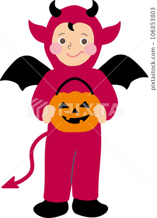 Editable! Vector illustration of a toddler boy wearing a fashionable and cute Halloween costume devil cosplay 106853803