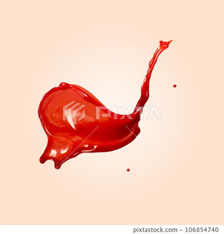 Levitating red splash and wave with drops isolated on beige background. Liquid paint, color explosion concept. Main trends in modern design 106854740