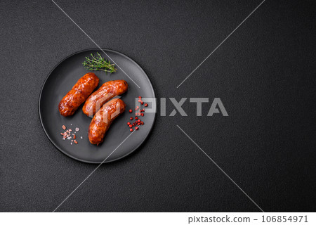 Delicious grilled chicken or pork sausages with salt, spices and herbs 106854971