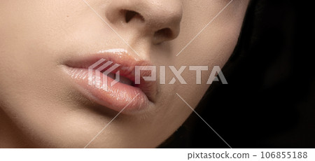 Beauty fashion woman lips with natural beige color makeup. Matt lipstick. Nude colors. 106855188