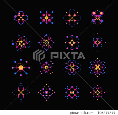Abstract colorful molecular design elements, viruses logos, galaxy icon set for medicine, science, technology, and research, laboratory experiments and scientific endeavors. Vector logo 106855255