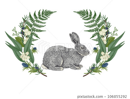 Green floral wreath with gray rabbit. Botanical illustration. Colorful. Green floral wreath with gray rabbit. Botanical illustration. Colorful. 106855292