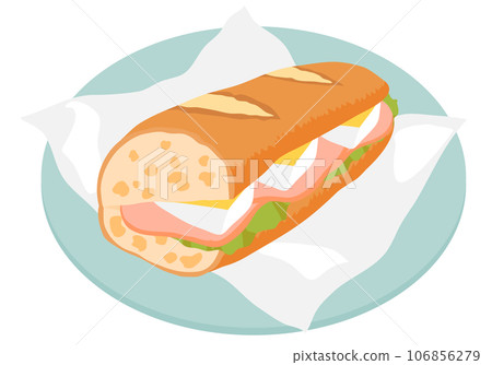 Sandwich with camembert cheese and ham on a baguette on a blue plate 106856279