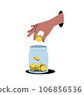 Glass jar with gold coins. Female hand throw money in huge bottle for donate. 106856536