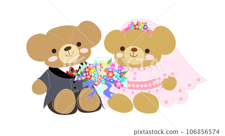 可愛的泰迪熊婚禮熊拿著花束 106856574