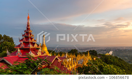 Mandalay Hill viewpoint major pilgrimage site and Su taung pyae pagoda Mandalay hill temple, Mandalay, Myanmar. 106856678