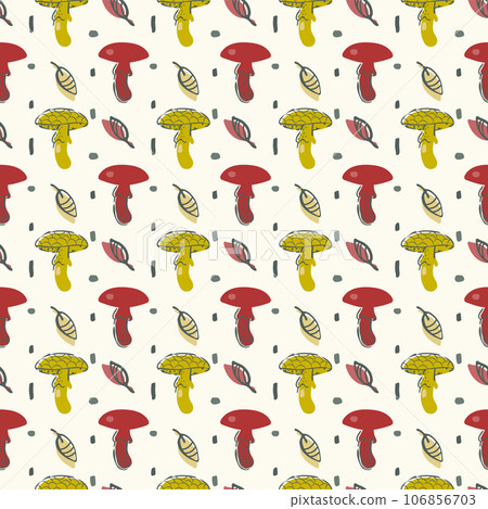Funny mushroom seamless pattern. Hand drawn doodle pai brush stroke, trendy cartoon design, decorative autumn symbols. Bright red yellow colour palette. White background Funny mushroom seamless pattern. Hand drawn doodle pai brush stroke, trendy cartoon design, decorative autumn symbols. Bright red yellow colour palette. White background 106856703
