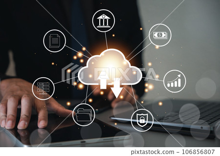 Digital screen interface displaying chart and graph icons for big data analytics and business intelligence concept with businessman analyzing financial data. Cloud computing 106856807