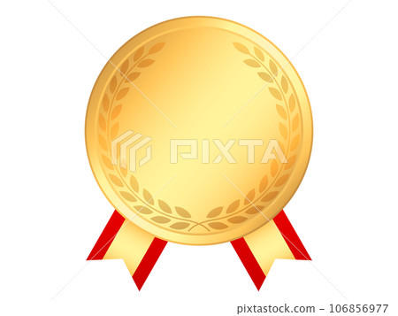 Golden laurel medal and red ribbon that can be used as an award 106856977