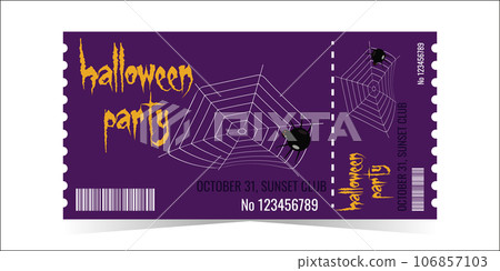 Layout of the Halloween Party Ticket Template. A creepy spider crawls on the web. Horizontal colorful design for events. The concept of the holiday. Vector illustration. 106857103