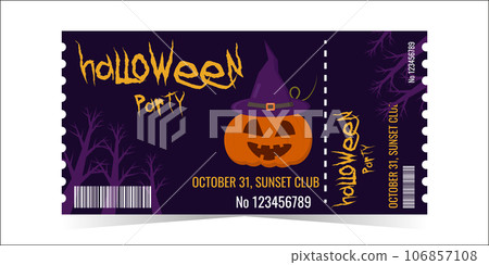 Layout of the Halloween Party Ticket Template. Pumpkin in a witches hat on a dark background. Horizontal colorful design for events. The concept of the holiday. Vector illustration. 106857108