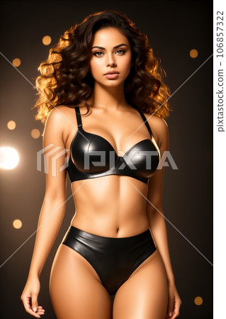 fashion studio photo of gorgeous sexy woman with dark hair in elegant swimsuit posing at night club 106857322