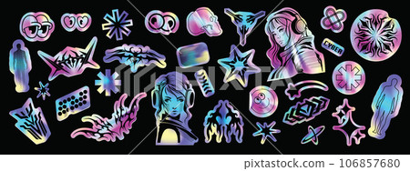 Holograph u2k sticker set, vector hologram cyber holo icon pack, space neon foil retro acid badge.  106857680
