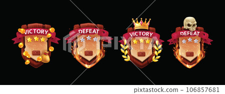 3D victory defeat game badge award wooden shield, vector medieval RPG UI success screen, sword.  106857681