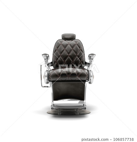 Retro black leather barber chair with chrome inserts flront view 3d render on white 106857738