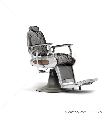 Retro black leather barber chair with chrome inserts perspective view 3d render on white 106857739