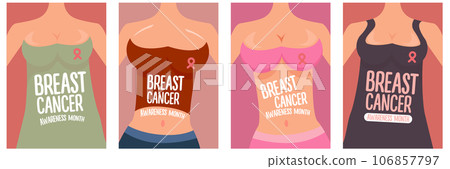 Breast cancer awareness month for disease prevention campaign poster set design template with woman and ribbon vector flat concept illustration. October awareness month poster collection 106857797