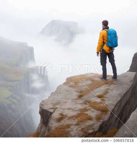 Hiker standing on the edge of a cliff in a foggy day 106857818