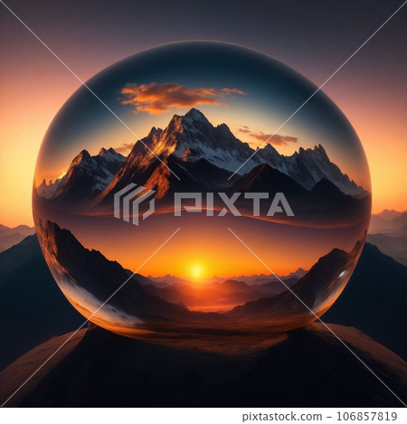 Crystal ball with mountains and sunset in the background Crystal ball with mountains and sunset in the background 106857819