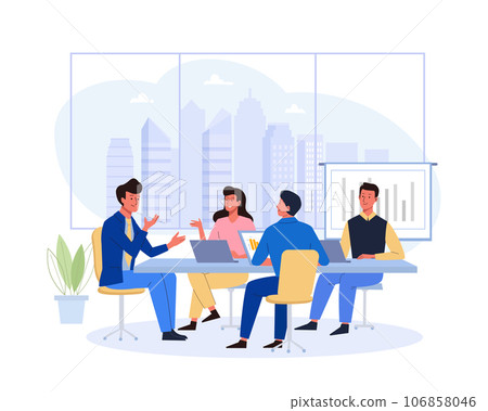 Business people sitting around table with city background. Team group of men and woman talking with leader. Teamwork, negotiation concept Business people sitting around table with city background. Team group of men and woman talking with leader. Teamwork, negotiation concept 106858046