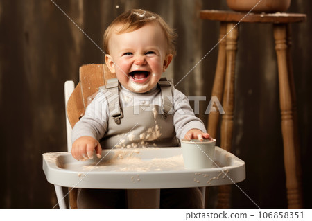 A small child eats food in a high chair 106858351