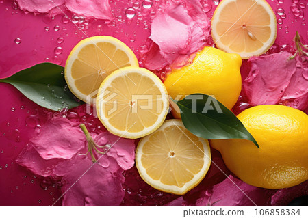 Lemon circles lie on a pink background with wet flowers 106858384