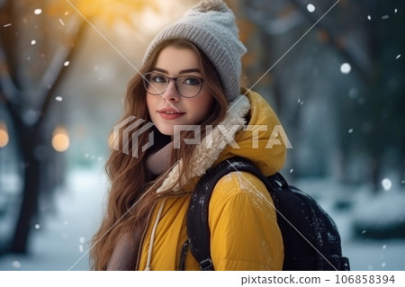 A young student girl with glasses in winter on the street A young student girl with glasses in winter on the street 106858394