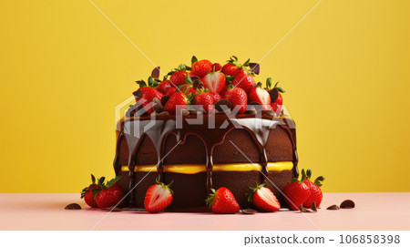 Layered chocolate cake with strawberries and icing Layered chocolate cake with strawberries and icing 106858398