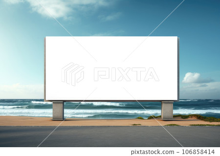 A large street billboard for advertising against the background of the sea and rocks 106858414