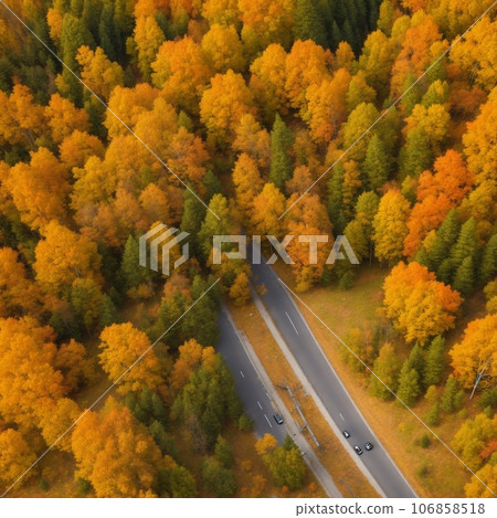 Aerial view of the road in autumn forest Aerial view of the road in autumn forest 106858518