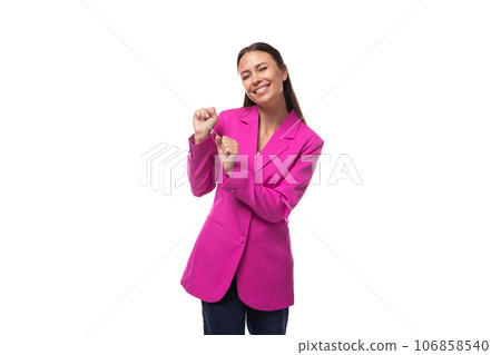 young positive energetic slim brunette secretary woman wearing a purple jacket on a white background young positive energetic slim brunette secretary woman wearing a purple jacket on a white background 106858540