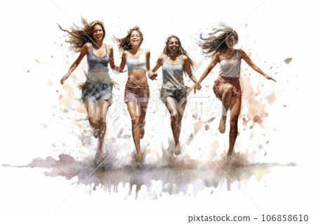 Watercolor painting of a Group of adult girls, happy and excited, style of website design, blank white background 106858610