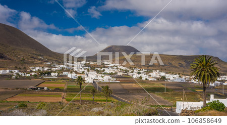Volcanic landscape of small town La Haria. Lanzarote Canary Islands Spain Volcanic landscape of small town La Haria. Lanzarote Canary Islands Spain 106858649