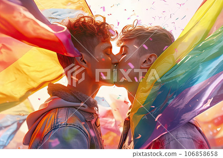 Two young men kissing with LGBTQ waving flag in background, falling ribbons around, sunlight, colorful, Two young men kissing with LGBTQ waving flag in background, falling ribbons around, sunlight, colorful, 106858658