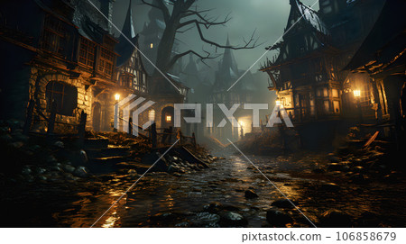 Old haunted abandoned ghost town village in scary misty atmosphere Old haunted abandoned ghost town village in scary misty atmosphere 106858679